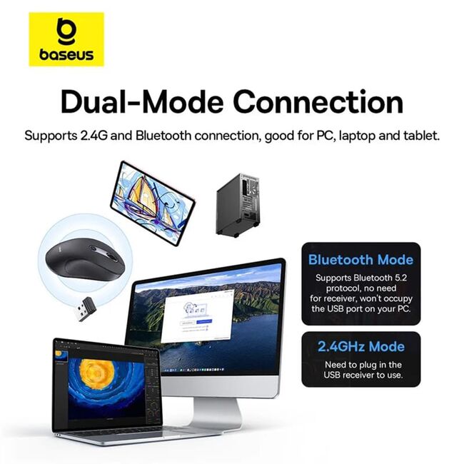 Mouse wireless Bluetooth pentru laptop Baseus F02, 2.4G, negru