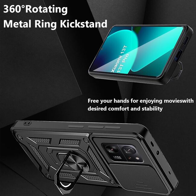 Husa Xiaomi 13T, 13T Pro cu inel Ring Armor Kickstand Tough Rugged cu protectie camera (negru)