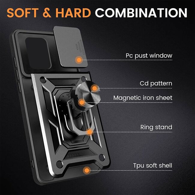 Pachet 360: Folie din sticla + Husa Xiaomi 13T, 13T Pro cu inel Ring Armor Kickstand Tough Rugged cu protectie camera (negru)