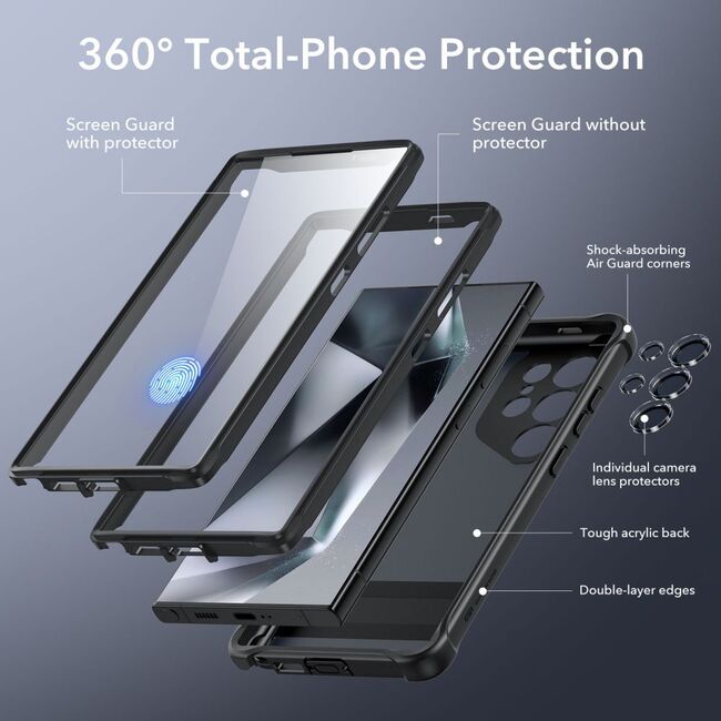 [Pachet 360°] Husa cu folie integrata Samsung Galaxy S24 Ultra ESR Armor Tough Kickstand HaloLock, negru frost