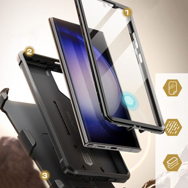 Pachet 360: Husa cu folie integrata Samsung Galaxy S24 Ultra Supcase Unicorn Beetle Pro KickStand, negru
