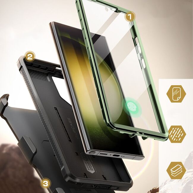 Pachet 360: Husa cu folie integrata Samsung Galaxy S24 Ultra Supcase Unicorn Beetle Pro KickStand, guldan