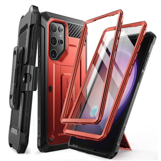 Pachet 360: Husa cu folie integrata Samsung Galaxy S24 Ultra Supcase Unicorn Beetle Pro KickStand, ruddy