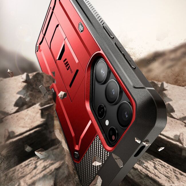 Pachet 360: Husa cu folie integrata Samsung Galaxy S24 Ultra Supcase Unicorn Beetle Pro KickStand, ruddy