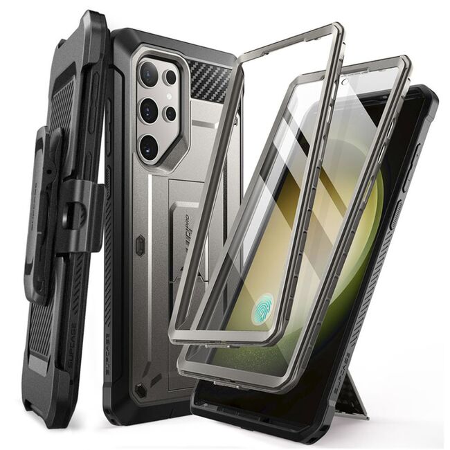 Pachet 360: Husa cu folie integrata Samsung Galaxy S24 Ultra Supcase Unicorn Beetle Pro KickStand, titan gray