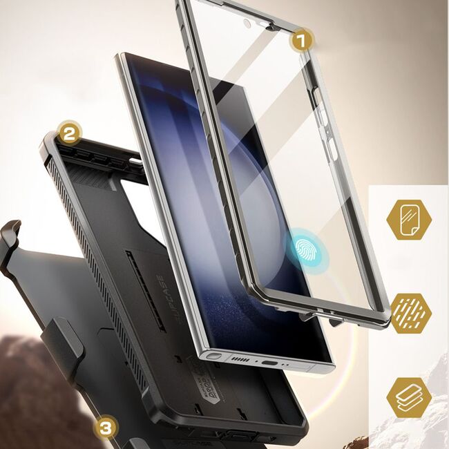 Pachet 360: Husa cu folie integrata Samsung Galaxy S24 Ultra Supcase Unicorn Beetle Pro KickStand, titan gray