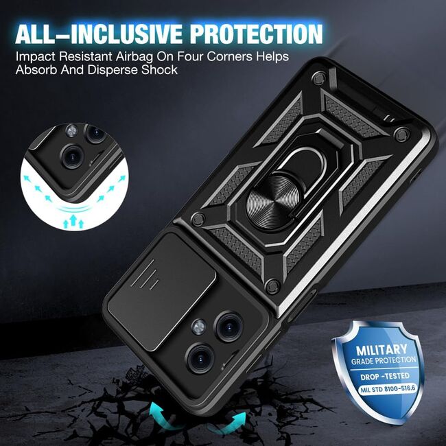 Pachet 360: Folie din sticla + Husa pentru Motorola Moto G14 cu inel Ring Armor Kickstand Tough, protectie camera (negru)
