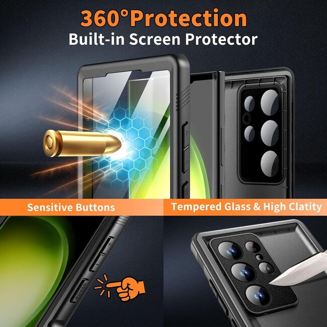 Pachet 360: Husa cu folie integrata Samsung Galaxy S24 Ultra ShockProof Dust-Water Proof Full Body, negru