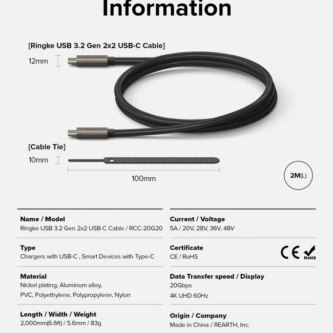 Cablu de date Fast Charging Tpye-C la Type-C 240W, 2m Ringke, negru