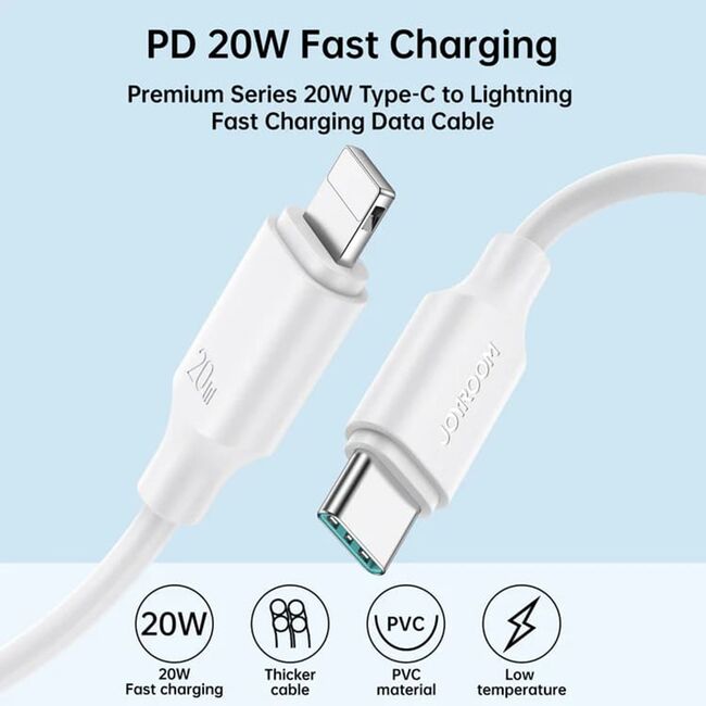 Cablu de incarcare rapida fast charge iPhone Usb C - Lightning, transfer date si incarcare JoyRoom, 20W, 2m, alb, S-CL020A9
