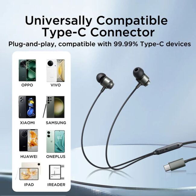 Casti in-ear cu fir USB-C si microfon JoyRoom, gri, JR-EC06