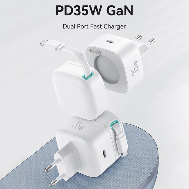 Incarcator tip C PD35W GaN + cablu Type-C Usams, alb, US-CC202