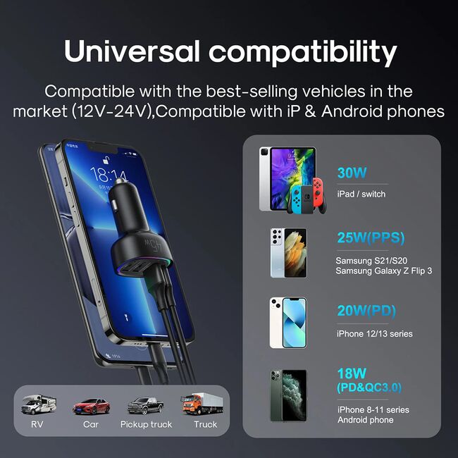 Incarcator masina USB, Type-C, RGB Lights, Fast Charging, 60W, cu cablu Type-C, 1.5m, JR-CL07