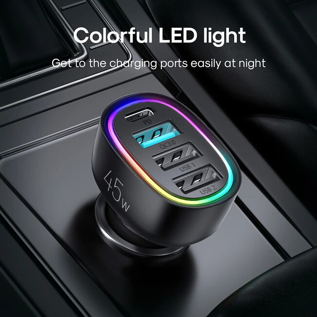 Incarcator masina USB, Type-C, RGB Lights, Fast Charging, 60W, cu cablu Type-C, 1.5m, JR-CL07