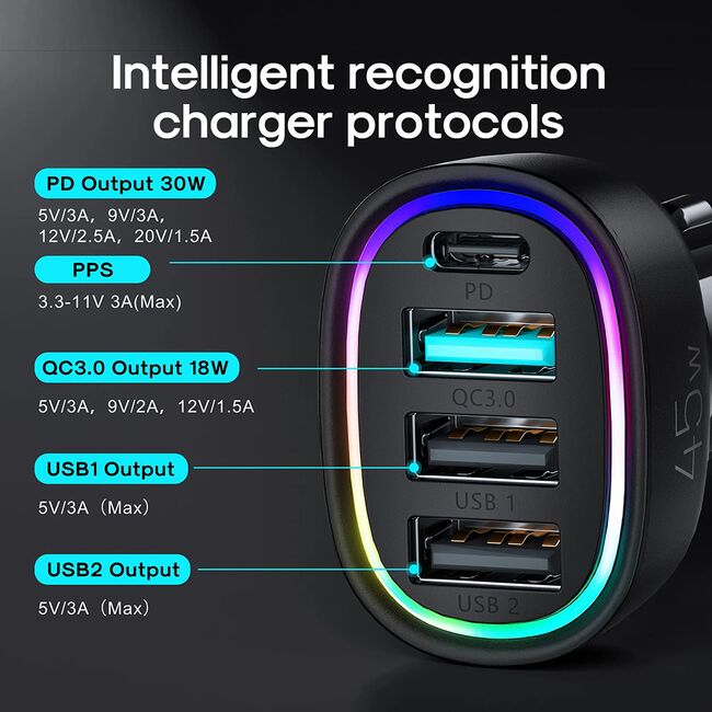 Incarcator masina USB, Type-C, RGB Lights, Fast Charging, 60W, cu cablu Type-C, 1.5m, JR-CL07