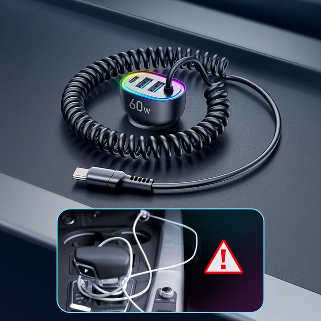 Incarcator auto JoyRoom - Car Charger (JR-CL19) - 2x USB, Type-C, RGB Lights, Fast Charging, 60W,cu cablu USB Type-C, negru