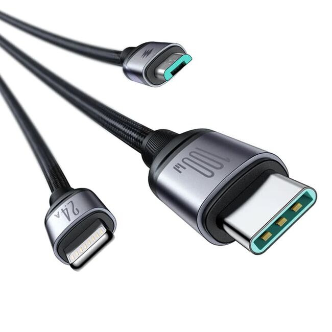 Cablu 3 in 1 USB la Lightning, Type-C, Micro-USB, Fast Charging, 100W, 1.2m, negru, SA21-1T3