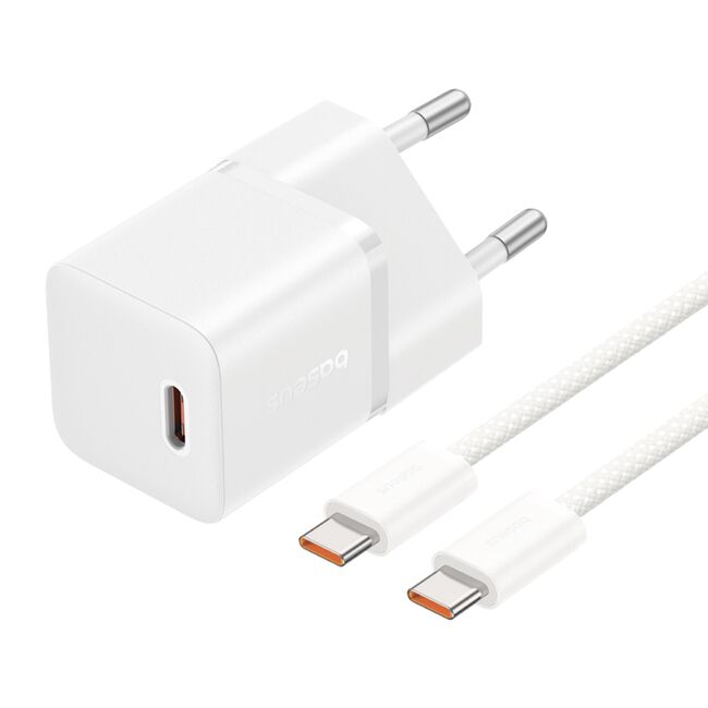 Incarcator priza Baseus - wall charger (p10110900213-01) - gan, type-c, 20w, cu cablu type-c la type-c, 100w, 1m - moon white