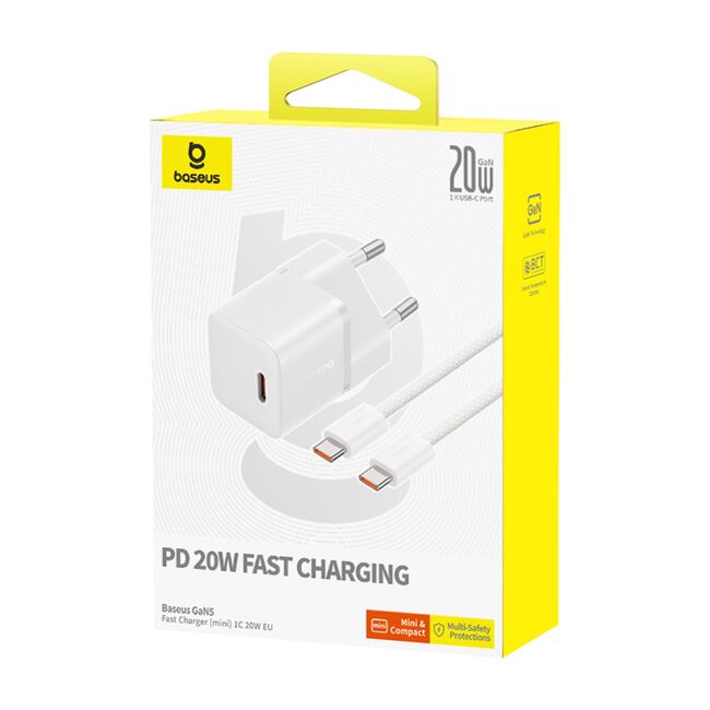 Incarcator priza Baseus - wall charger (p10110900213-01) - gan, type-c, 20w, cu cablu type-c la type-c, 100w, 1m - moon white