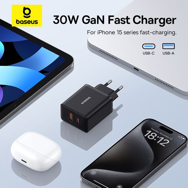 Incarcator priza Baseus - wall charger (p10111404113-00) - usb, type-c, fast charge 30w - cluster black
