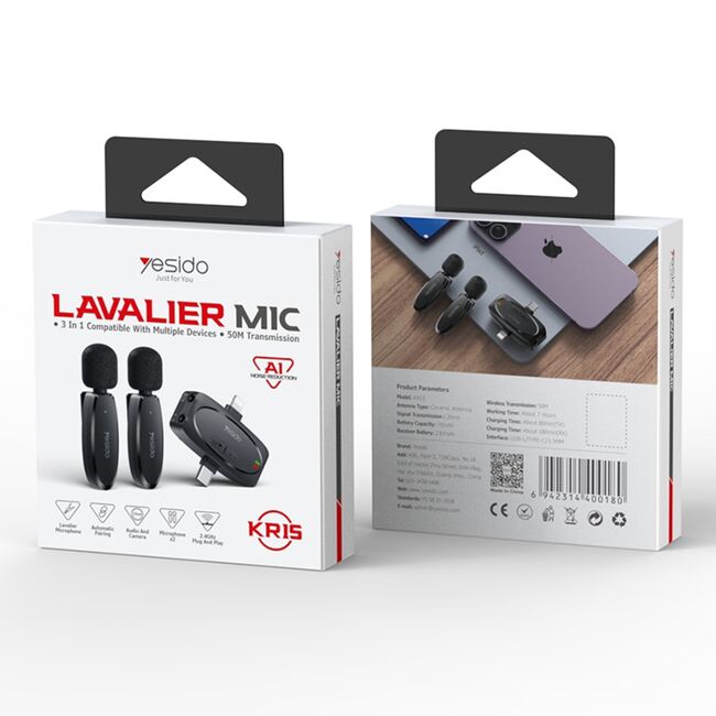 [Pachet 2x] Microfon tip lavariera wireless Yesido KR15, negru