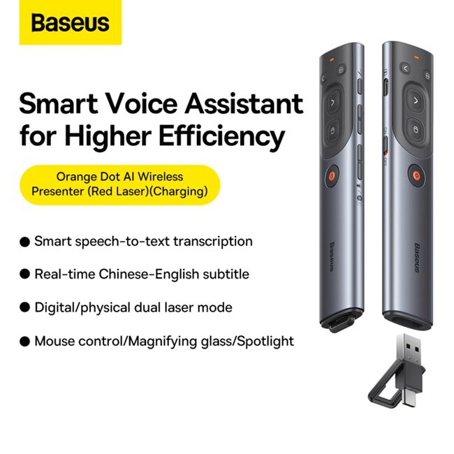 Telecomanda prezentari cu laser pointer lumina rosie, Smart Voice Assistant, Baseus WKCD020013