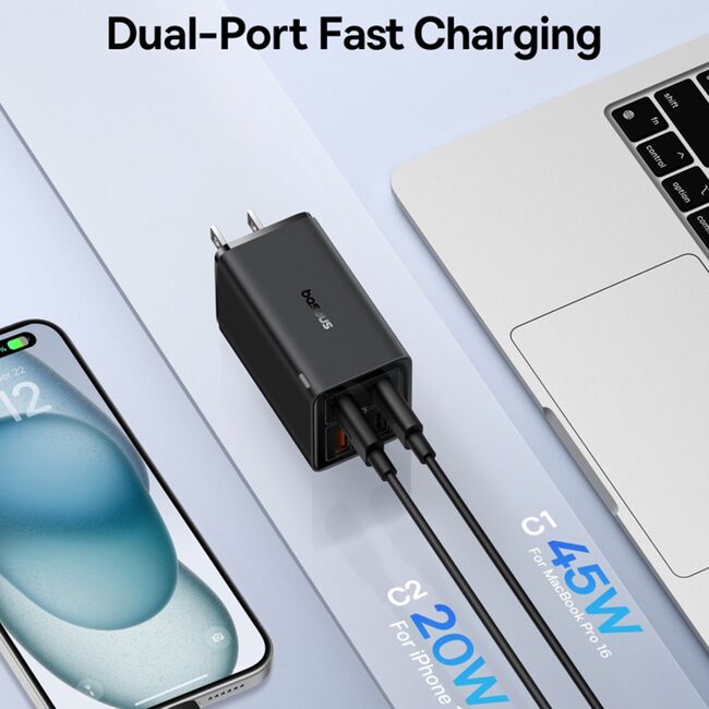 Incarcator priza US GaN6 USB, Type-C + cablu Type-C Baseus, 65W, P10162702113-00