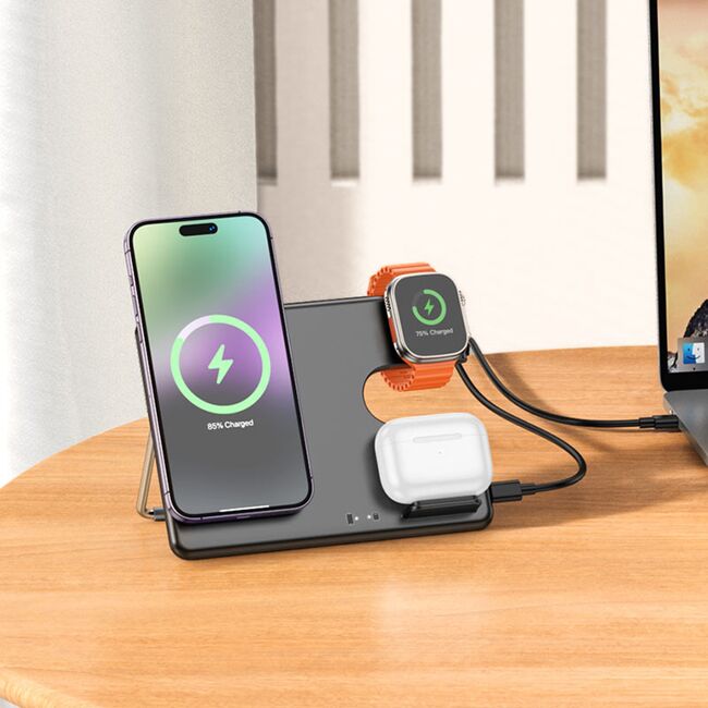 Statie incarcare wireless pentru Apple iPhone, Watch, casti, Hoco CQ1, 15W, negru