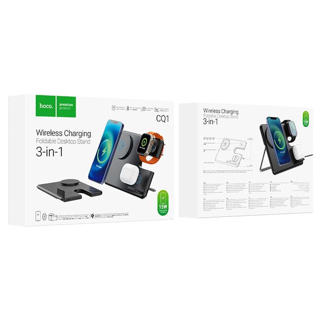 Statie incarcare wireless pentru Apple iPhone, Watch, casti, Hoco CQ1, 15W, negru