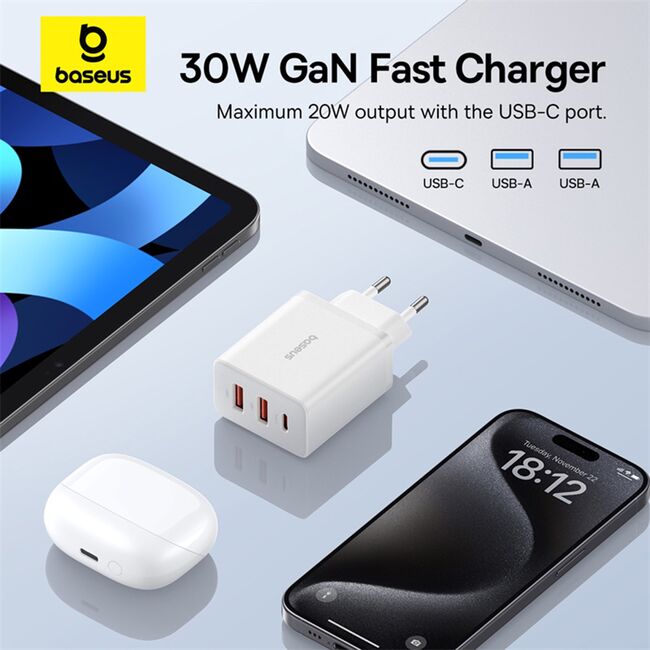 Incarcator GaN priza 2x USB, Type-C, Fast Charging, 30W Baseus, P10111402213-00