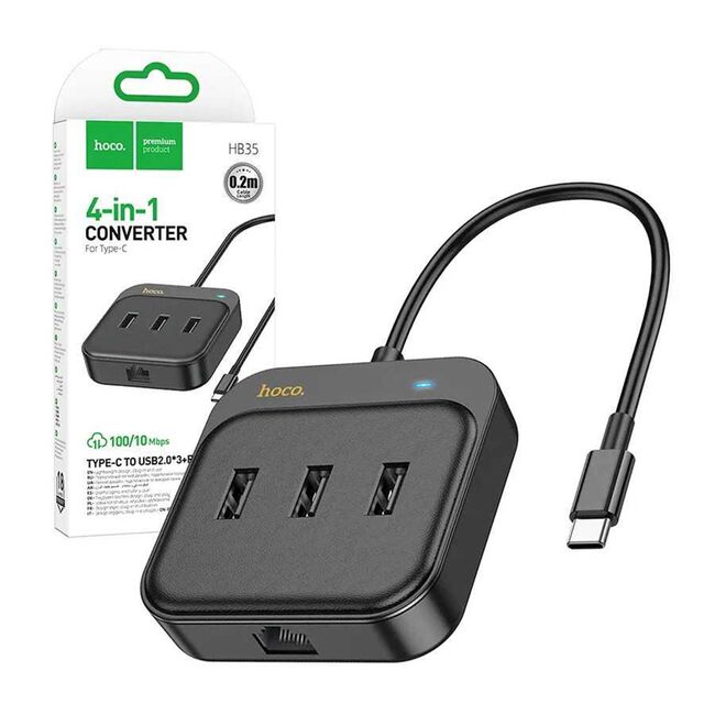 Adaptor Easy Link (HB35) - 4 in 1 Gigabit Ethernet, USB-C la 3x USB2.0 + RJ45, 0.2m, negru