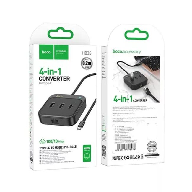 Adaptor Easy Link (HB35) - 4 in 1 Gigabit Ethernet, USB-C la 3x USB2.0 + RJ45, 0.2m, negru