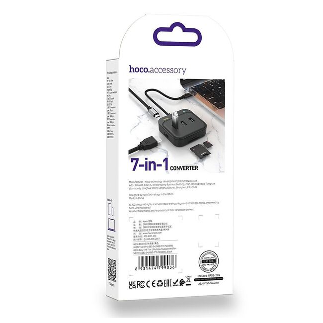 Adaptor Easy Link (HB38) - 7 in 1, de la USB-C la HDMI, SD, TF, USB3.0, 2 x USB2.0, Type-C PD100W, negru