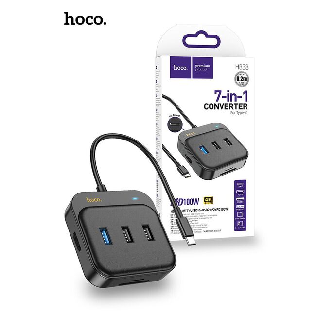 Adaptor Easy Link (HB38) - 7 in 1, de la USB-C la HDMI, SD, TF, USB3.0, 2 x USB2.0, Type-C PD100W, negru