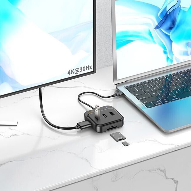 Adaptor Easy Link (HB38) - 7 in 1, de la USB-C la HDMI, SD, TF, USB3.0, 2 x USB2.0, Type-C PD100W, negru