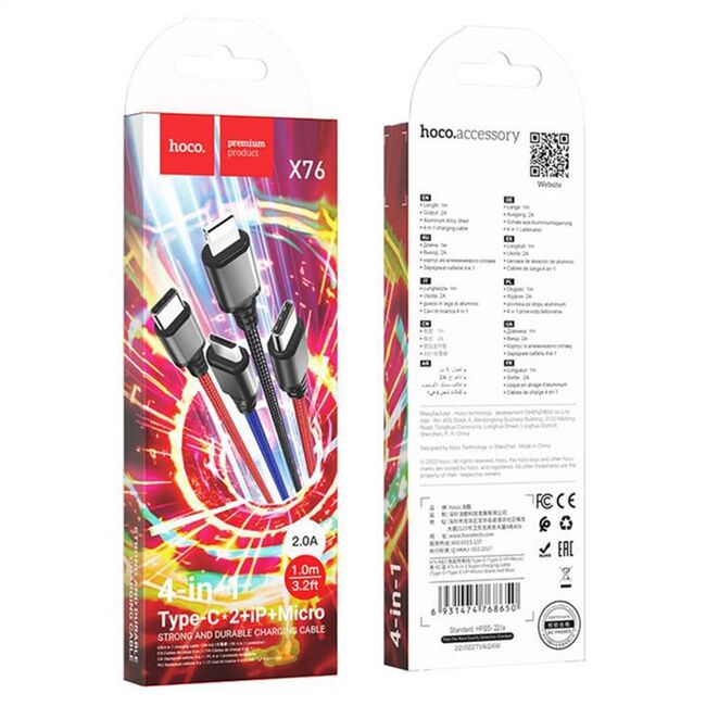 Cablu 4 in 1 de la USB la 2 x Type-C, iPhone, Micro Hoco X76, 1m