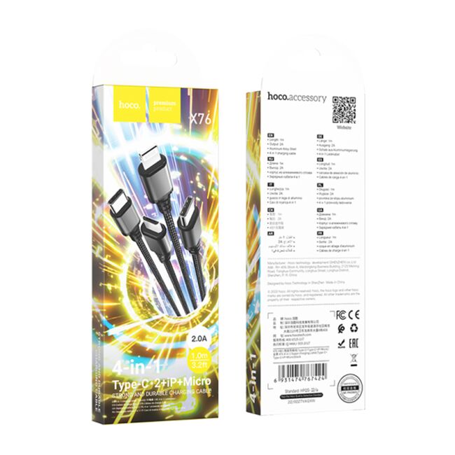 Cablu 4in1 USB la 2xType-C, iPhone, Micro Hoco X76, 1m, negru