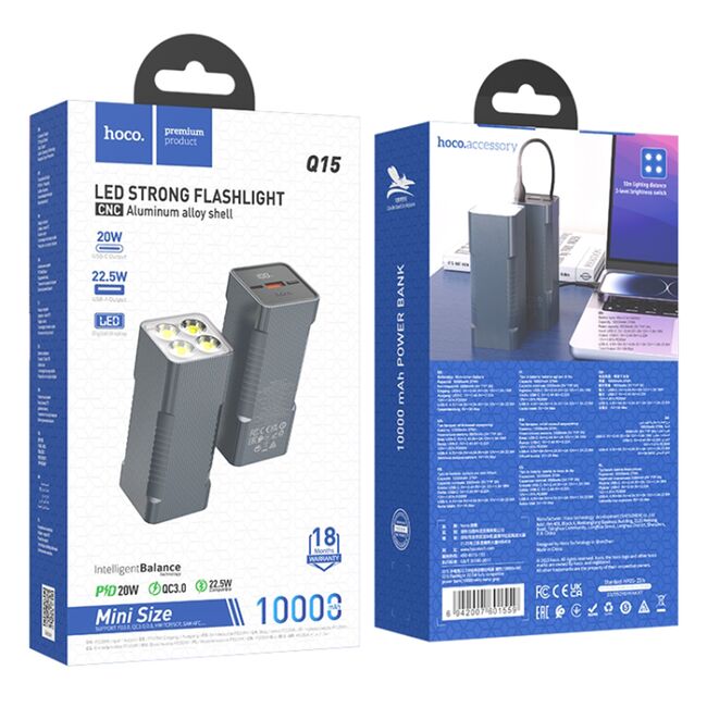 Lanterna LED cu acumulator extern, power bank USB, USB Type-C Hoco Q15, 10000mAh, 22.5W, negru