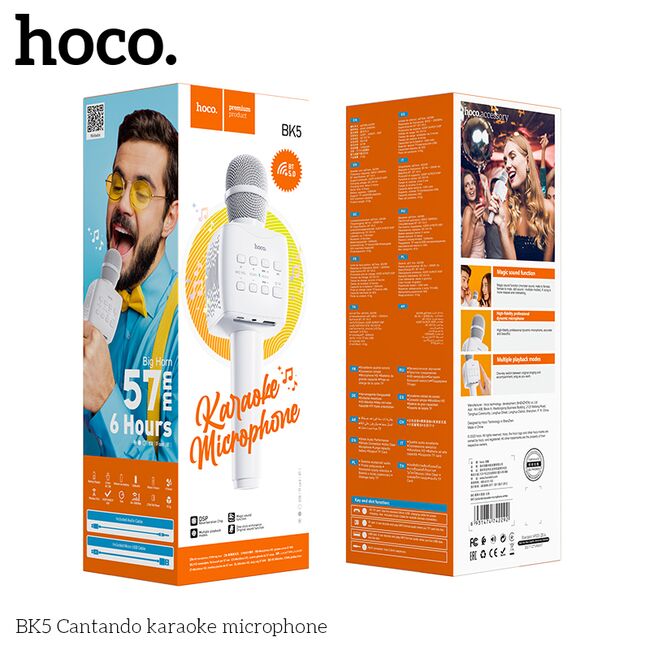 Microfon portabil wireless karaoke Hoco BK5, 5W, LED, alb