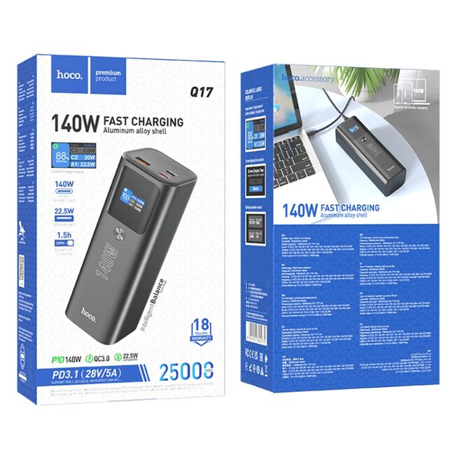 Power bank USB, 2x Type-C, Digital Display, 140W, 25000mAh, negru