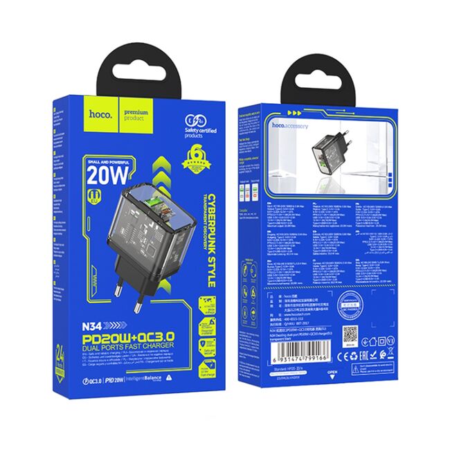 Incarcator priza USB, USB Type-C Hoco N34, QC3.0, 20W, negru transparent