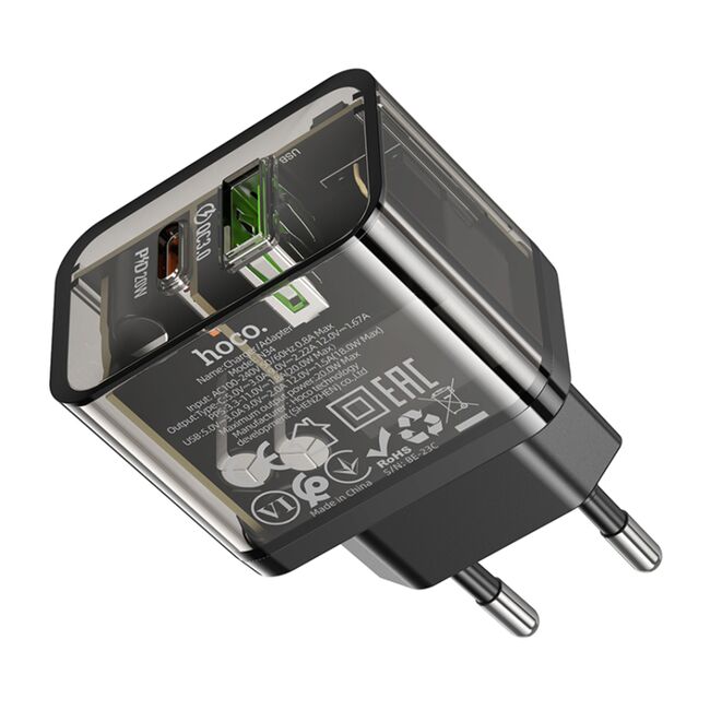 Incarcator priza USB, USB Type-C Hoco N34, QC3.0, 20W, negru transparent