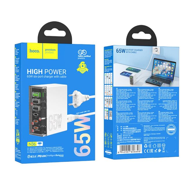 Statie de incarcare priza 3x USB, 3 x USB Type-C + cablu DC Hoco N36, 65W, alb