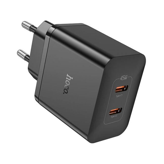 Incarcator priza Fast Charger 2 x USB-C PD 45W Hoco N35, negru