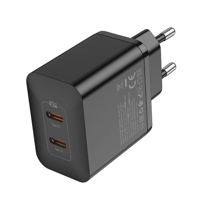 Incarcator priza Fast Charger 2 x USB-C PD 45W Hoco N35, negru