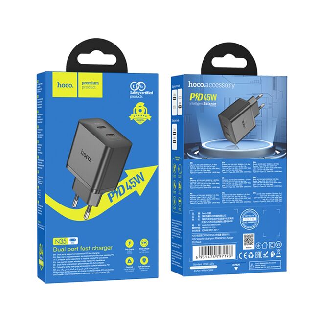 Incarcator priza Fast Charger 2 x USB-C PD 45W Hoco N35, negru