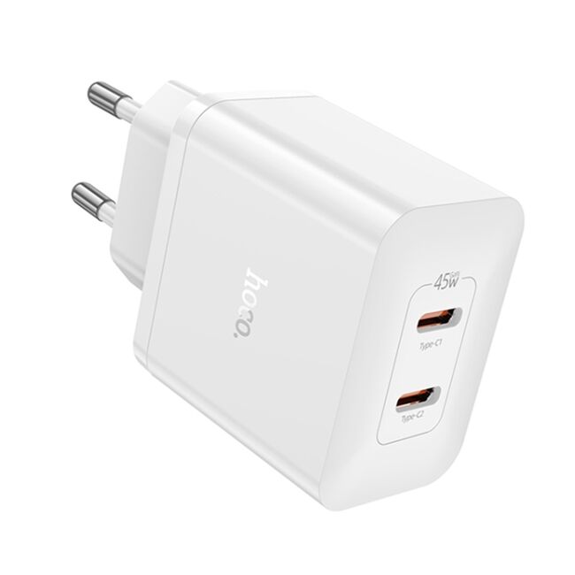 Incarcator priza Fast Charger 2 x USB-C PD 45W Hoco N35, alb