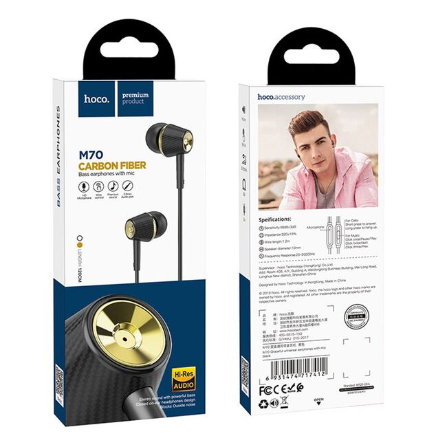 Casti audio in-ear cu microfon Jack 3.5mm Hoco M70, 1.2m, negru