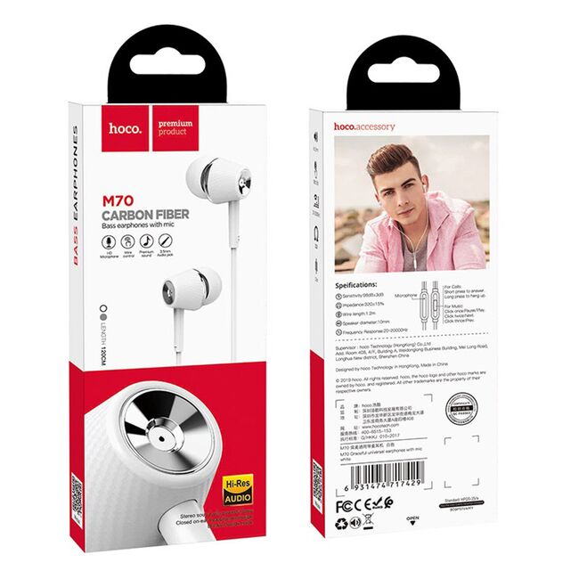 Casti audio in-ear cu microfon Jack 3.5mm Hoco M70, 1.2m, alb