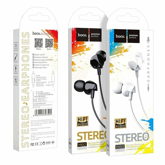 Casti in-ear cu microfon Jack Hoco M60, stereo, HiFi, 1.2m, alb